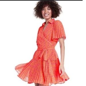 Alexis Coral Floral Print Pleated Mini Dress Wrap Flutter Short Sleeve - Size 2X